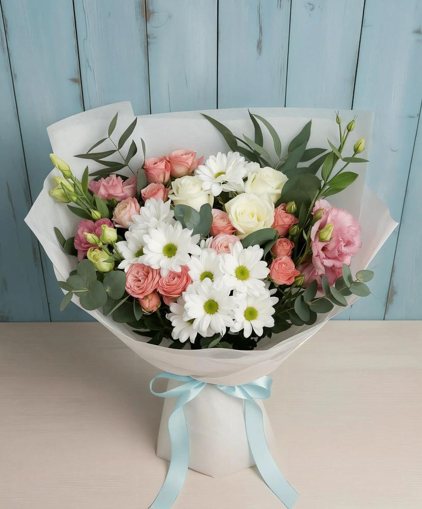 Букет цветов из: Розы, Лизиантусы и Хризантемы в Байчурово