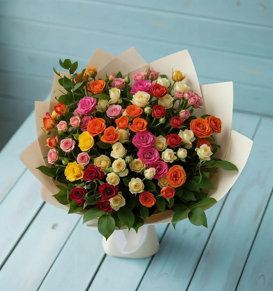 Букет Микс из разноцветных кустовых роз в Байчурово
