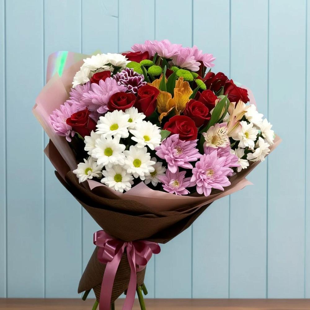 Букет цветов из: Розы, Хризантемы и Альстромерии в Байчурово