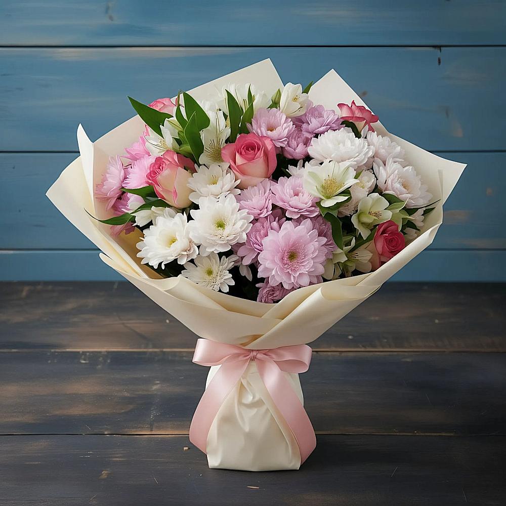 Букет цветов из: Хризантемы, Альстромерии и Розы в Байчурово